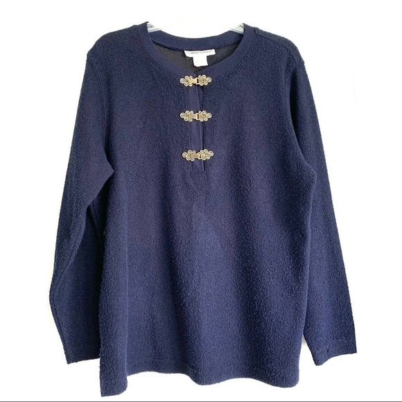 Vintage Cathy Daniels Navy Blue Textured Knit Gold Clasps Sweater Size Large - Picture 1 of 10